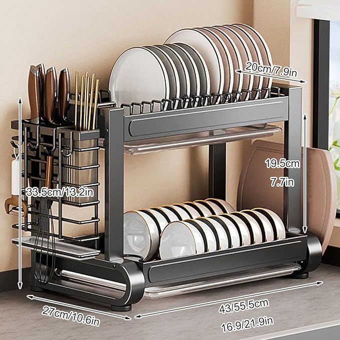 JHDXL Over Sink Dish Drying Rack, 2/3-Tier Stainless Steel Dish Rack, Multifunctional Metal Counter Shelf, Stable Load-Bearing, for Plates, Bowls, and Pots(Silver 1,55.5cm/21.9in)