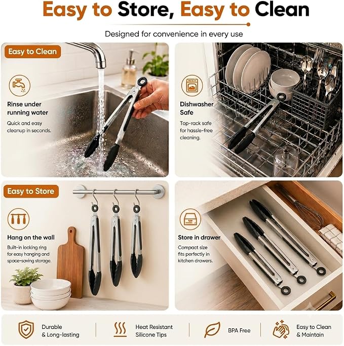 Kitchen Tongs Set, 3 Pack(7+9+12") Cooking Tongs with Locking Mechanism, Stainless Steel Body Food Tongs with Silicone Tips Tong for Cooking, Serving, Air Frying, Nonstick Cookware Safe
