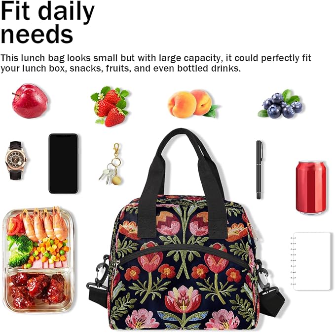 Pardick Red Flower Floral Insulated Lunch Bag for Women Girl Reusable Lunch Tote Box With Shoulder Strap Lightweight Thermal Cooler Meal Prep Bag for Work School Office Picnic