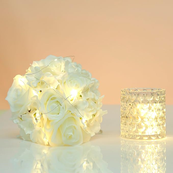 Rose Silk Flower Arrangement Artificial Vivid Rose in Glass Vase with LED Light Elegant Centerpiece for Home Wedding Bathroom Table Shelf Decoration (Pure White)