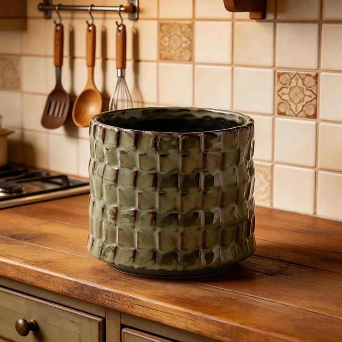 Utensil Crock Kitchen Utensil Holder, 5 Inches Small Ceramic Utensil Holder for Countertop, Unique Embossed Checkered Pattern, Seaweed Green Cooking Utensil Crocks for Kitchen, Home Decor Gift