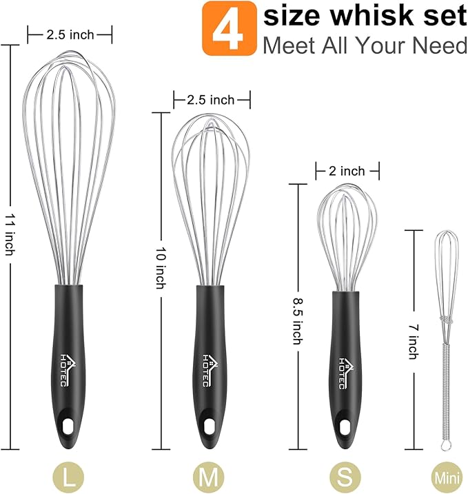 HOTEC Stainless Steel Whisk Set of 4, Food Grade Balloon Whisk Egg Beater, Thicken Wire Mixing Whisk for Baking, Cooking, Whisking Cream, Sauce, Pancake Batter