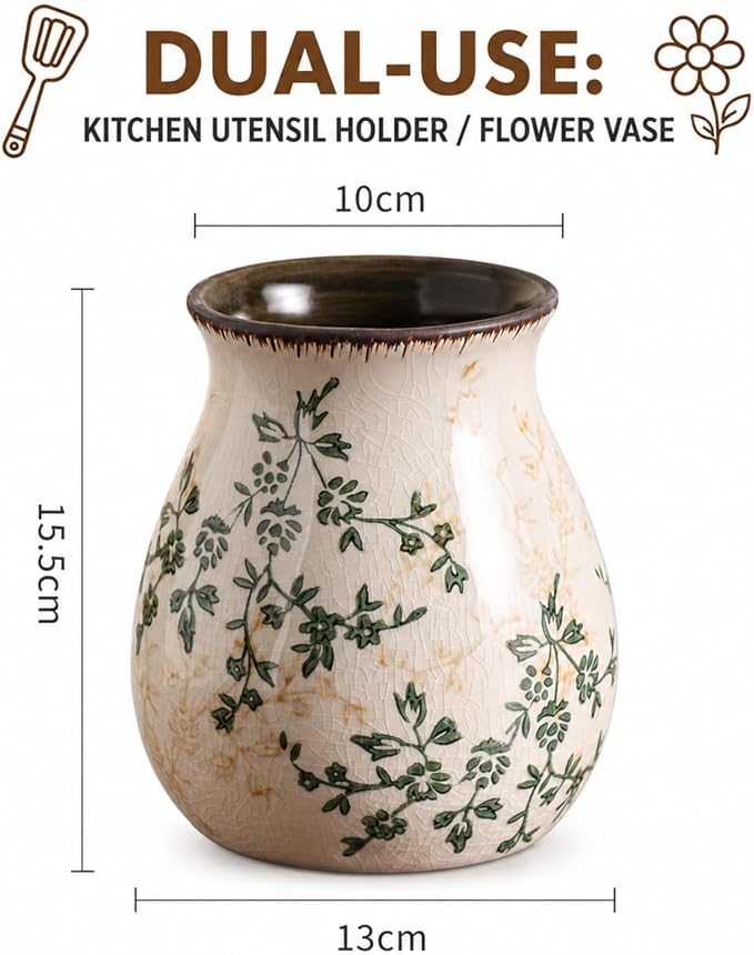 Utensil Holder, Vintage Ceramic Vase,Hand-Painted Flowers with Ice Crackle Glaze Finish, American Large Farmhouse Style Pitcher Vase for Charming Floral Arrangements and Home Decor(Beige)