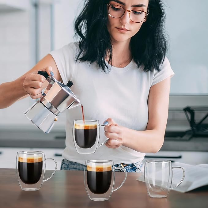 FrutPunch Double walled glass coffee mugs, Glass Coffee Mugs Set Of 4, Glass Coffee Cups with Handles, 12OZ, Suitable for Cappuccino, Latte, Espresso, Hot Drinks, Cold Drinks (4, 12, Fluid Ounces)