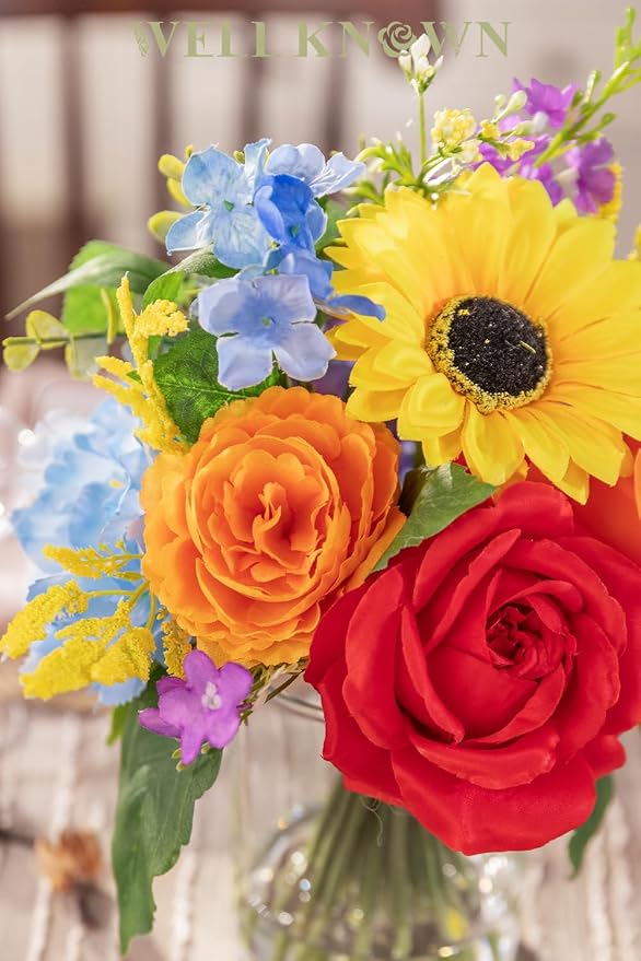WELL KNOWN Artificial Flowers in Vase with Fake Water, Colorful Spring Flowers Fake Sunflowers Rose Peonies Bouquet for Home Wedding Party Dining Table Baby Shower Decor & Birthday Gift (Rainbow)