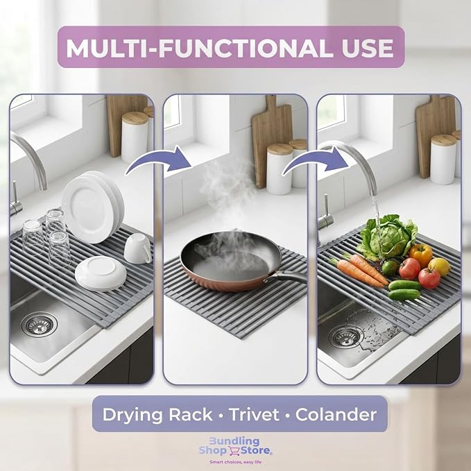 Premium Roll-Up Dish Drying Rack for Kitchen Sink - 17.5"x13" - Rust-Proof Solid Stainless Steel Core with Food-Grade Silicone Coating, Multipurpose Heavy-Duty Space-Saver, Dish Rack Over the Sink