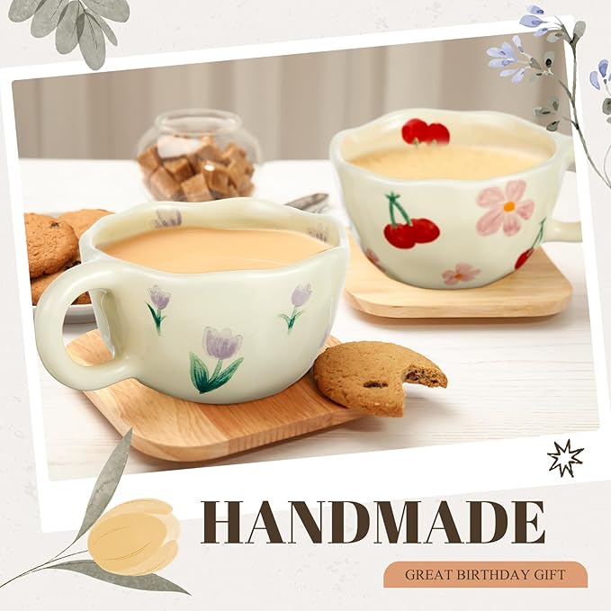 Vesici 2 Pcs Ceramic Coffee Mugs with Spoon, Vintage Floral Spring Mugs with Handle, 8.5 oz Aesthetic Flower Porcelain Tea Cup Set, Dishwasher & Microwave Safe Mothers Day Gifts for Mom(Cute)