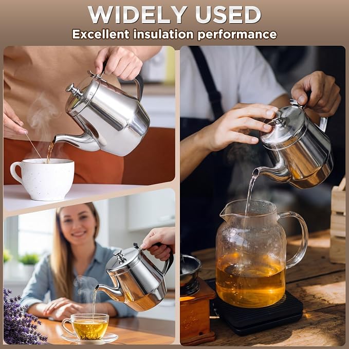 Yungyan 2 Pack Stainless Steel Teapot 32 oz Silver Small Metal Gooseneck Tea Pot Water Kettle for Stove Restaurant Home