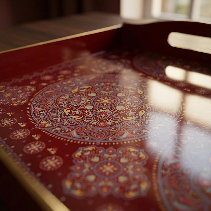 Boho Red Decorative Tray, Serving Tray with Handles, Plastic Tray for Coffee Table, Ottoman - Ideal for Living Room & Bathroom. 15” x 11” x 2.5”