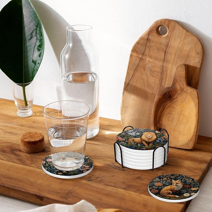 Drink Coasters for Drinks Set of 6, Vintage Botanical Floral Wild Animals Absorbent Round Ceramic Stone Mat Coaster, with Cork Base and Metal Holder, Home Bar Decor House Warming Gift