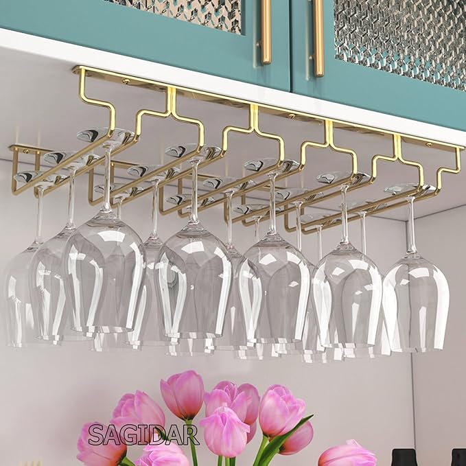 SAGIDAR Stainless Steel Hanging Wine Glass Rack, Under Cabinet, Gold, Width 18/22.5/28cm, Space Saving, Kitchen Cabinet Storage, Dining Room Display, Bar Use