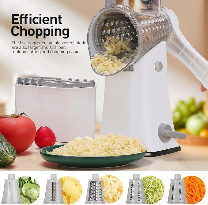 APSARAS USA Cheese Grater Hand Crank, Rotary Cheese Grater, 5 in 1 Rotary Grater, Cheese Shredder Replaceable Stainless Blades with Strong Suction Base, Easy to Clean Kitchen Gadgets with Storage Box