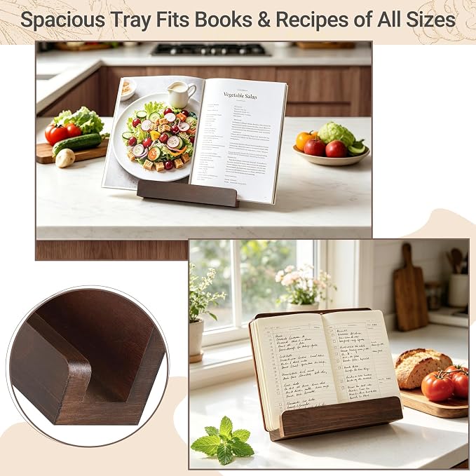 Dahey Cookbook Stand for Kitchen Counter Wooden Recipe Book Holder Adjustable Cookbook Holder Holds Books, Recipes, Phones & Tablets, Perfect for Cooking Lover Gift, Kitchen Decor