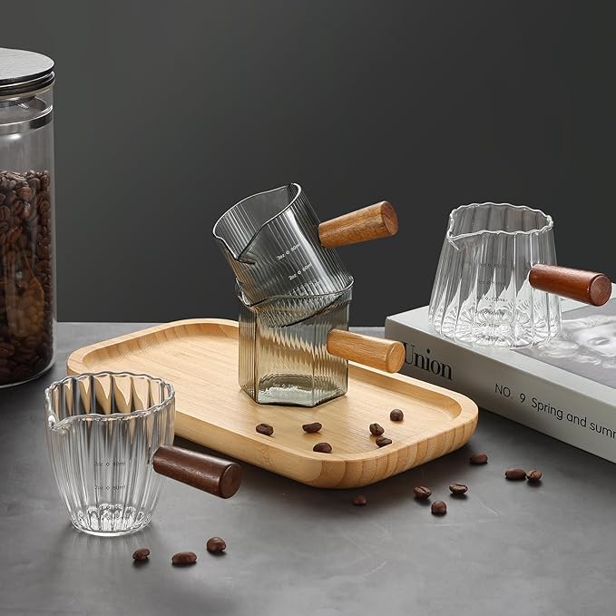 Espresso Cups 4 OZ, Double V-Shaped Spouts Cups, Espresso Shot Glasses with Wood Handle, Ribbed Milk Measuring Cup