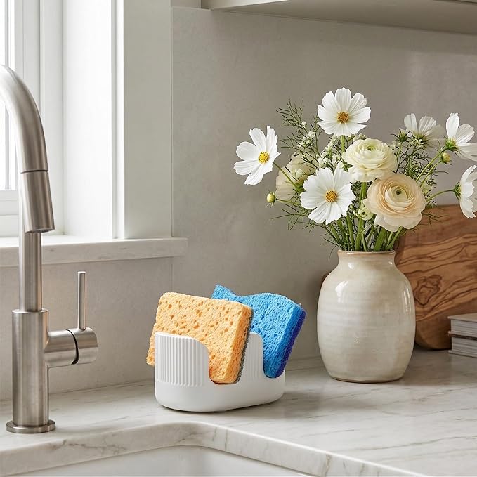 Diatomite Sponge Holder with 2 Slot Design – Quick Drying, Absorbent & Space-Saving Organizer for Kitchen Sponges, Scrubbers & Brushes – Keeps Sponges Dry and Countertop Clean, Bright White