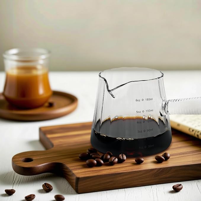 FANTESTICRYAN 6OZ Measuring Cup, Ribbed Borosilicate Glass Espresso Cup, V-Shaped Spout Drain Espresso Double Shots, Coffee Milk Tea Accessories (Clear, Glass Handle)