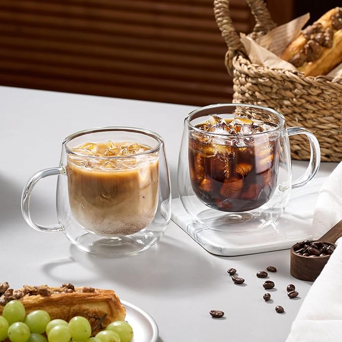4 Pack Double Walled Glass Coffee Mugs, 16 oz Large Insulated Clear Coffee Cups with Handle, Cappuccino Mug for Espresso, Latte, Americano, Tea Bag, Beverage, Heat & Cold Resistant