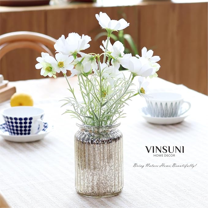 13.5" White Daisy Artificial Flowers in Fluted Glass Vase, Fake Flowers Arrangement with Vase, Centerpiece for Coffee Table Decor, Wedding Party, Bathroom Decor, Home Decor Indoor
