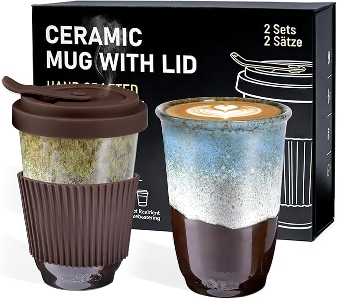 13oz Ceramic Coffee Mug with Lids 2 Sets, Travel Coffee Cup Leak-proof Fit Car Holder, Portable Mug Set w/Silicon Sleeve Pb Cd Free, Gift for Mother Father Birthday Wedding