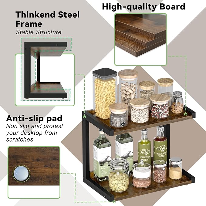 MARTY 2 Tier 12.6"x7.7" Counter Shelf Organizer Kitchen Spice Rack for Countertop, Coffee Station Organizer for Mugs Cups, Wood Shelf Desk Storage Organizer for Bathroom Home Office (Rustic Brown)