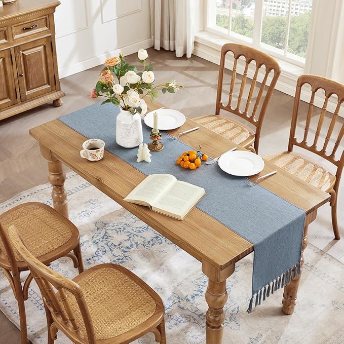 Linen Style Rustic Table Runner, Farmhouse Cotton Linen Table Runner, Boho Table Runners 90 Inches Long with Hand Tassels for Home Tabletop Decor and Everyday Use - Dusty Blue, 90 Inch
