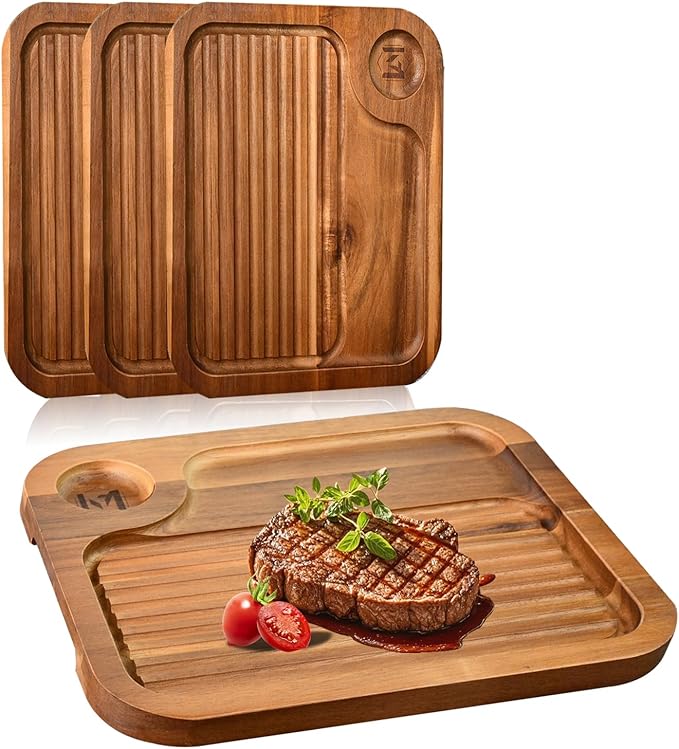 4 pcs Acacia Wood Steak Plates,Carnivore Cutting Board for Eating, Carved Meat Wooden Plate, Food Serving Tray,Cheese Charcuterie Boards with Deep Grooves & Hidden Handles