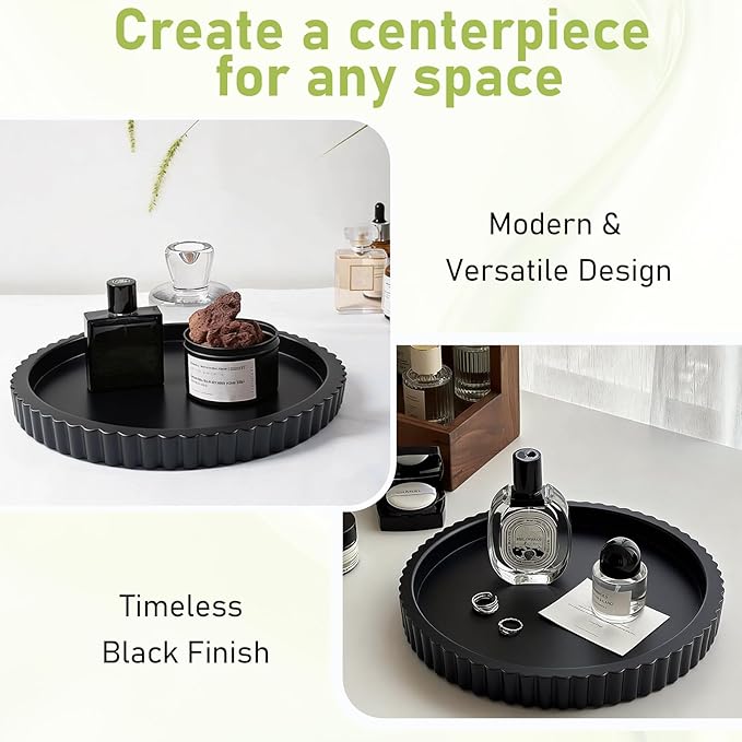 MTOPHLSBlack Wood Decorative Serving Tray for Coffee Table Decor, 11 Inch Wooden Round Candle Holder Plate for Kitchen, Living Room, Home Decor