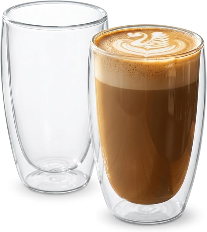MESNEY 17oz Double Walled Glass Coffee Mugs, Glass Coffee Mugs Set of 48, Insulated Clear Cappuccino Latte Mugs for Home, Cafe & Restaurant, Durable Stackable Drinking Glasses