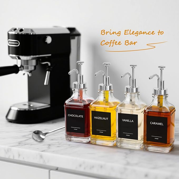 16.9 fl oz/500ml Coffee Syrup Dispenser Set, Coffee Bar Accessories, 4 Glass Bottles with Silver Pumper and Syrup Labels,Syrup Dispenser for Coffee Bar with Spoons,4 Pack