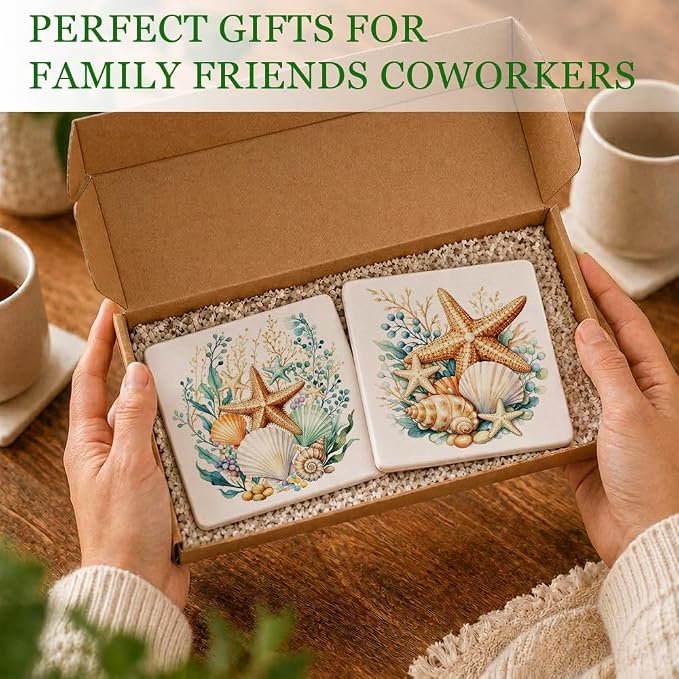 2 Pcs Watercolors Starfish & Seashell Ceramic Coasters, Coastal Square Absorbent Coasters for Cold Drinks Coffee Mug Wine Glasses Cups, Housewarming Gifts for Home Kitchen, Beach House Decor