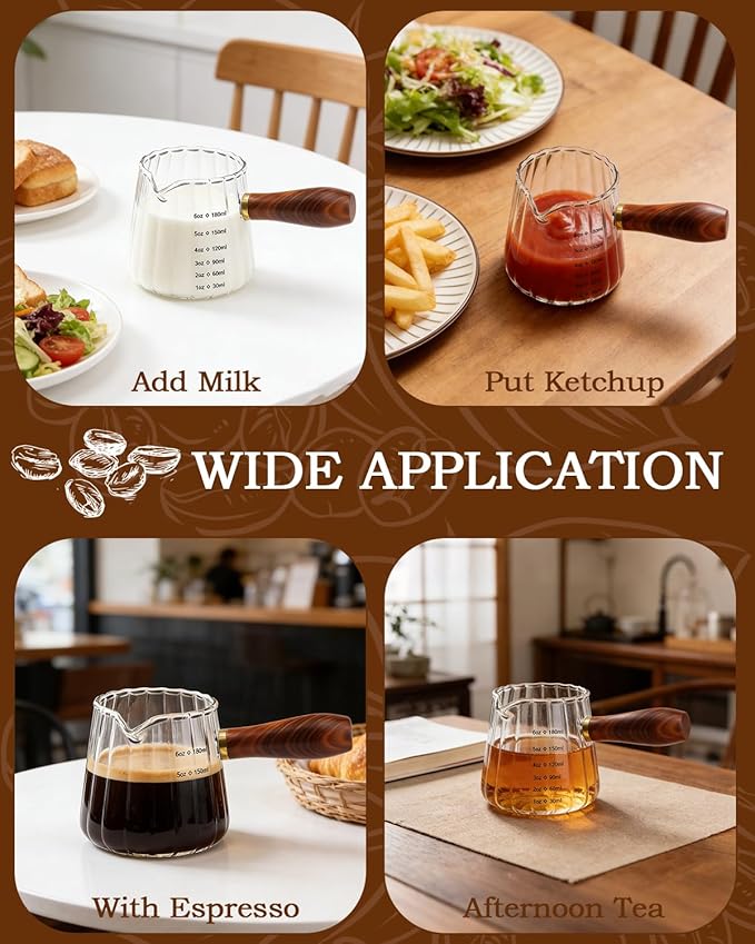 Espresso Measuring Cup, 6oz Borosilicate Glass Espresso Cups with Wood Handle (2.71in Long Grip), V-Shaped Spout Ribbed Milk Frothing Cup for Coffee, Latte, Tea, Syrup – Dishwasher Safe