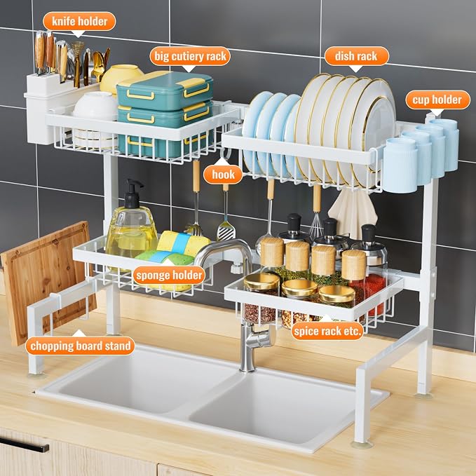 PurKeep 4 Baskets Over The Sink Dish Drying Rack, Extendable Large Capacity Sink Rack, Metal Drying Rack Saving Space
