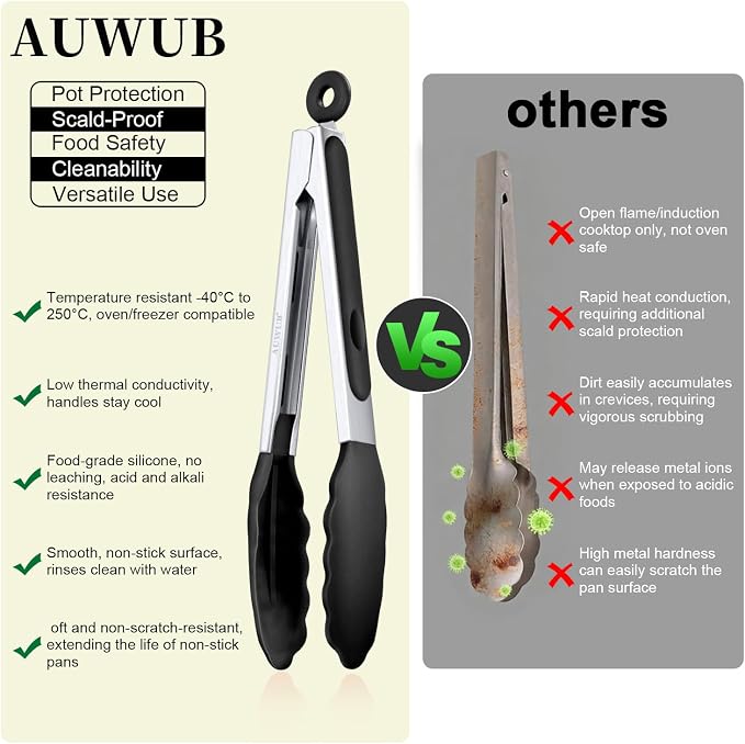 9+12 Inch Black Salad Tongs 2-Piece Set, Silicone with 304 Stainless Steel Core & Non-Slip Grip, Kitchen Utensils for Grilling Salad