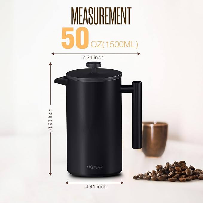 Utopia Kitchen 304 Grade Stainless Steel French Press 50 Oz, Black | Double Wall Insulated Coffee Press with 4-Level Filtration System, Include 2 Extra Filters, Rust-Free, Dishwasher Safe