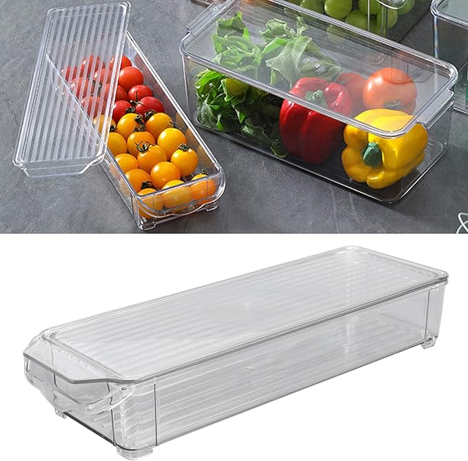 Zerodis Fridge Storage Container, Stackable Refrigerator Bins with Lids Clear Fridge Organizer Case for Food Drinks Vegetable