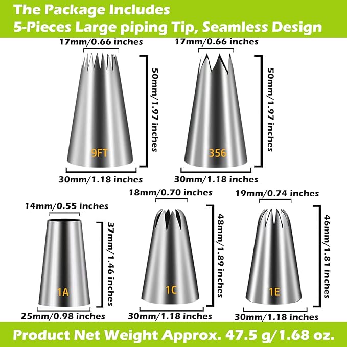 Suuker Large Piping Tips Set, Seamless Stainless Steel Cake Decorating Tips, 5 Pieces Frosting Icing Tips for Cake Decorating, Cupcakes, Cookie (1A 1E 1C 9FT 356)