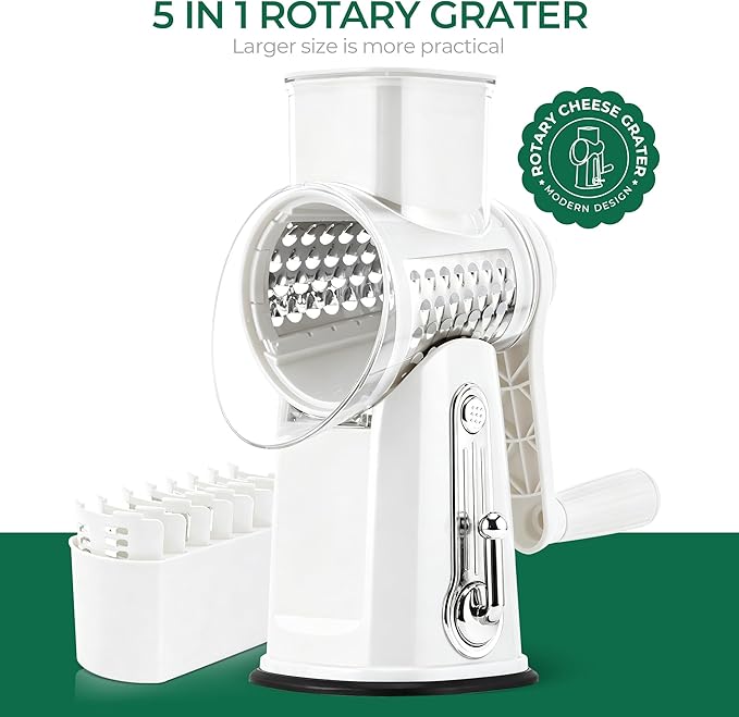 SUSTEAS Rotary Cheese Grater with Handle - Vegetable Shredder with 5 Well-designed Blades & Strong Suction Base,Round Mandoline Slicer & Food Chopper for Kitchen,with Blade Storage Box(White)