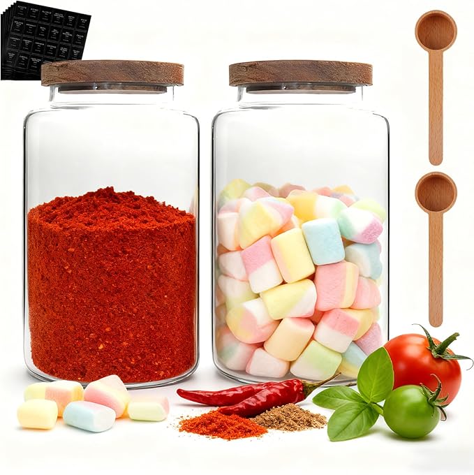 Glass Storage Jar with Bamboo Lids Spoons Glass Coffee Canister Borosilicate Glass Food Container for Coffee Beans Nut Pasta Sugar Candy Spice Rice Loose Tea (2800/94oz-2pack)