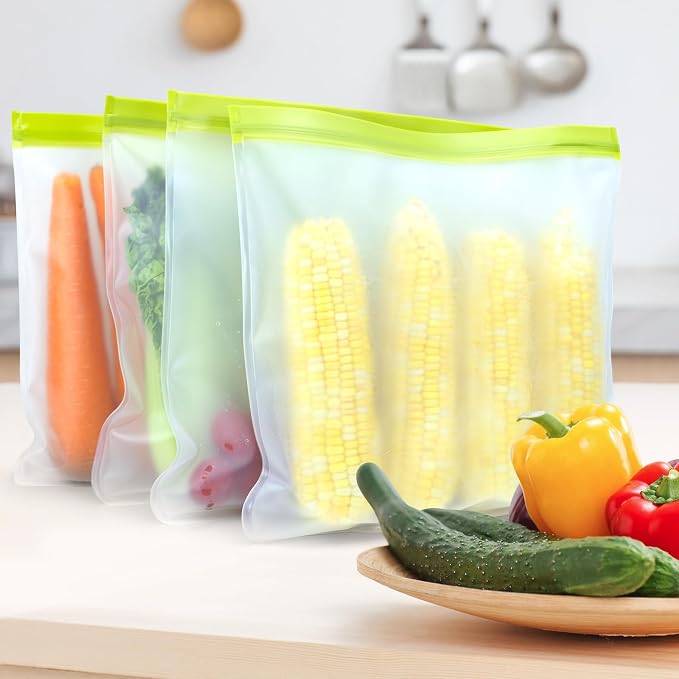 4 Pack Reusable Gallon Freezer Bags,Silicone Bags Reusable Storage Baggies,Food Storage Bags, Leakproof Food Storage Containers for Sandwich Snack Travel Picnic, Work, Home Use