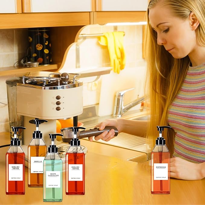 Nuogo 6 Pcs Coffee Syrup Dispenser Bottles Set 750ml, 500ml, 300ml, 150ml PET Black Syrup Bottles with Pump Dispenser 27 Labels for Coffee Bar Kitchen Accessories Portable Travel(25.4 oz,Prismatic)