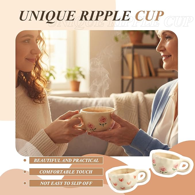 Vesici 2 Pcs Ceramic Coffee Mugs with Spoon, Vintage Floral Spring Mugs with Handle, 8.5 oz Aesthetic Flower Porcelain Tea Cup Set, Dishwasher & Microwave Safe Mothers Day Gifts for Mom(Heart,Rose)