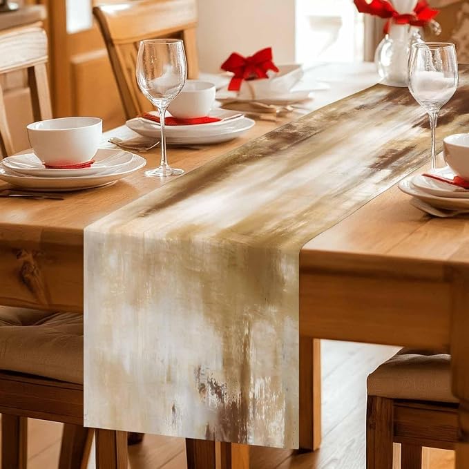 Abstract Minimalist Table Runners 108 Inches Long, Cotton Linen Fabric Table Runner Dresser Scarf, Modern Bohemia Aesthetic Ombre Brown Tablerunner for Party/Kitchen/Dinner/Wedding Decor 13"x108"