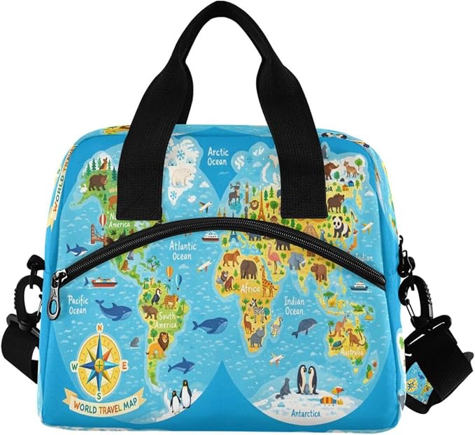 ALAZA Cute Blue Animal World Map Insulated Lunch Bag for Women Men Reusable Lunch Box Tote Bag Adjustable Shoulder Strap Cooler Bag Leakproof for Work School Picnic