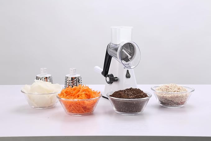 Rotary Cheese Grater - Multipurpose Kitchen Mandoline Slicer with 3 Stainless Steel Blades, Secure Suction Base, Easy to Clean, Ideal for Cheese, Vegetables, Nuts