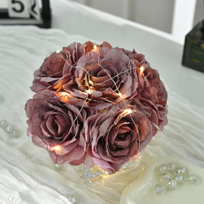 Artificial Rose in Glass Vase Vintage Silk Flower Arrangement with LED Light for Table Centerpiece Home Wedding Decoration (Plum Purple)