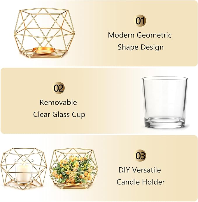 Hewory Geometric Tealight Candle Holders Gold, Modern Metal Geo Wedding Centerpieces for Table, Votive Candle Stand Accent for Tea Light for Home Shelf Mantel Christmas Birthday Party Decor, 6pcs