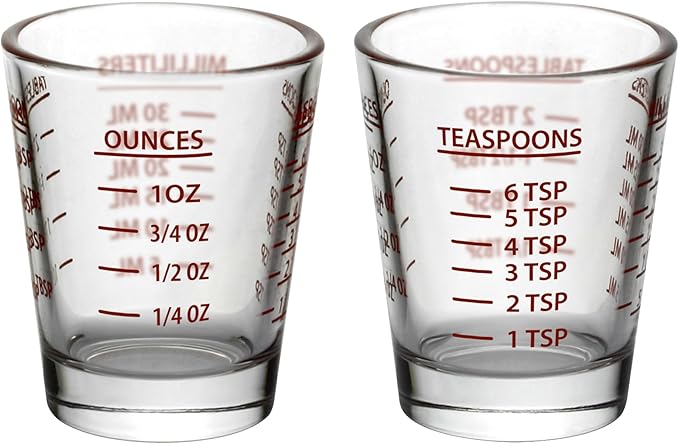 Versatile Heavy-Duty Glass Measuring Shot Glasses - Easy Read for Cooking, Espresso, and Medicine, 1 Ounce, 6 Teaspoons, 2 Tablespoons, 30Milliliters, Dishwasher Safe, 2-Pack