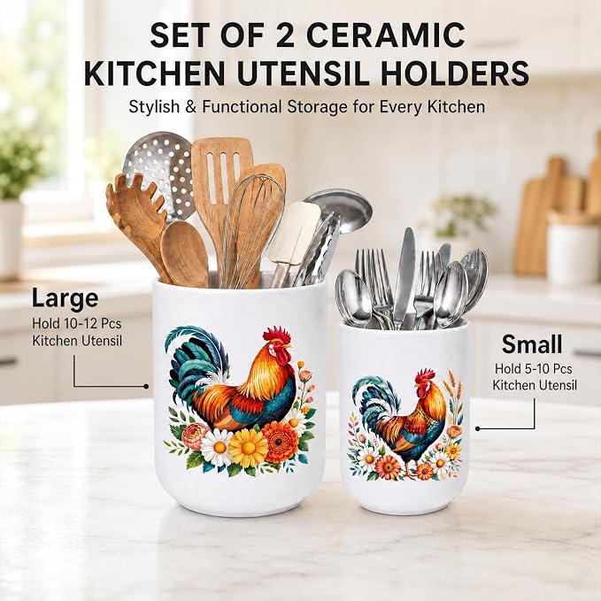 2 Pcs Rooster Ceramic Utensil Holder, Cute Rooster Utensils Holder Kitchen Decor for Farmhouse Indoor Kitchen Decorations Rustic Farmhouse (6.3 inch/5.1 inch)