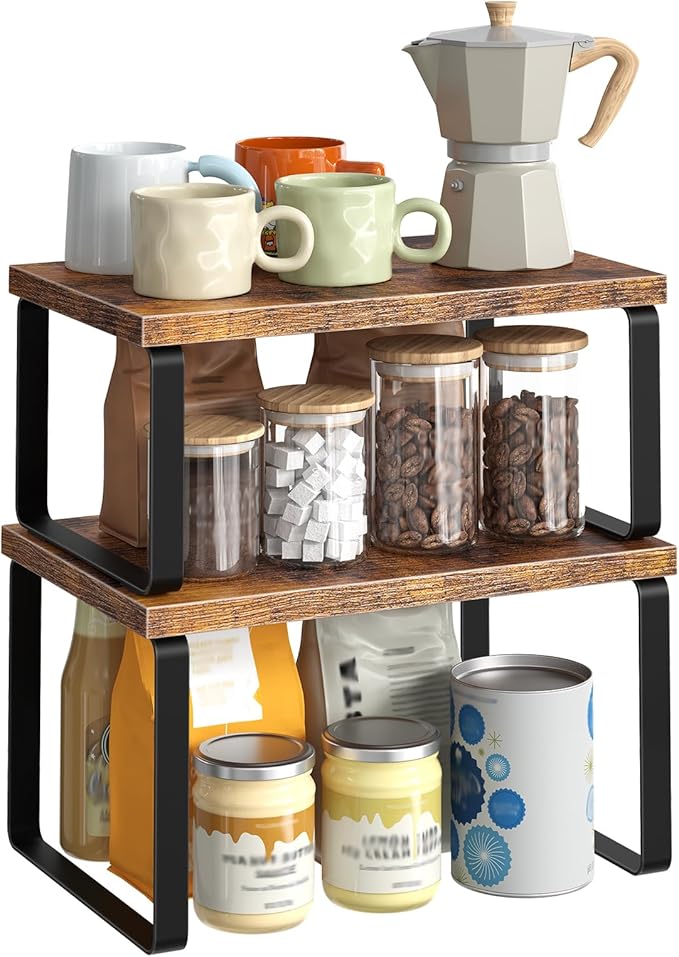 HOOBRO Cabinet Organizer Shelf, Set of 2, Kitchen Countertop Organizer, Kitchen Countertop Shelf, Spice Rack for Counter, Stackable, Expandable for Cabinet, Kitchen, Rustic Brown and Black BF33TL01