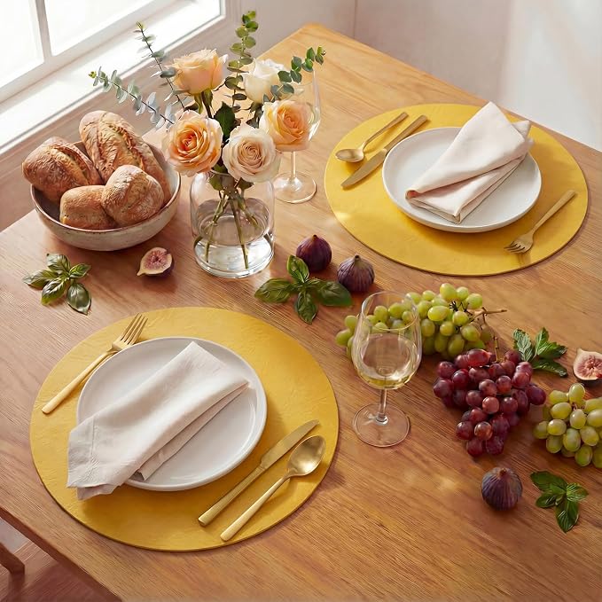Artoid Mode Yellow Faux Leather Placemats Set of 6, 15 Inch Waterproof Wipeable Heat Resistant Vinyl Place Mats, Reversible Table Mats for Summer Kitchen Dining Decor